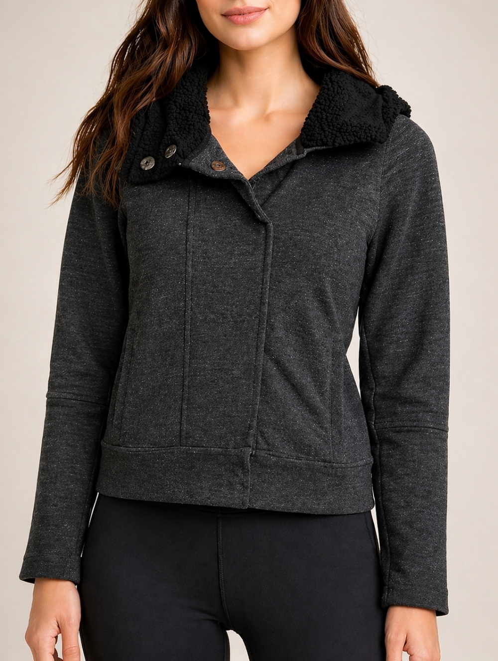 ALO Yoga Teddy Jacket Sherpa Lined Asymmetrical Hoodie Gray M Gorpcore Apres Ski